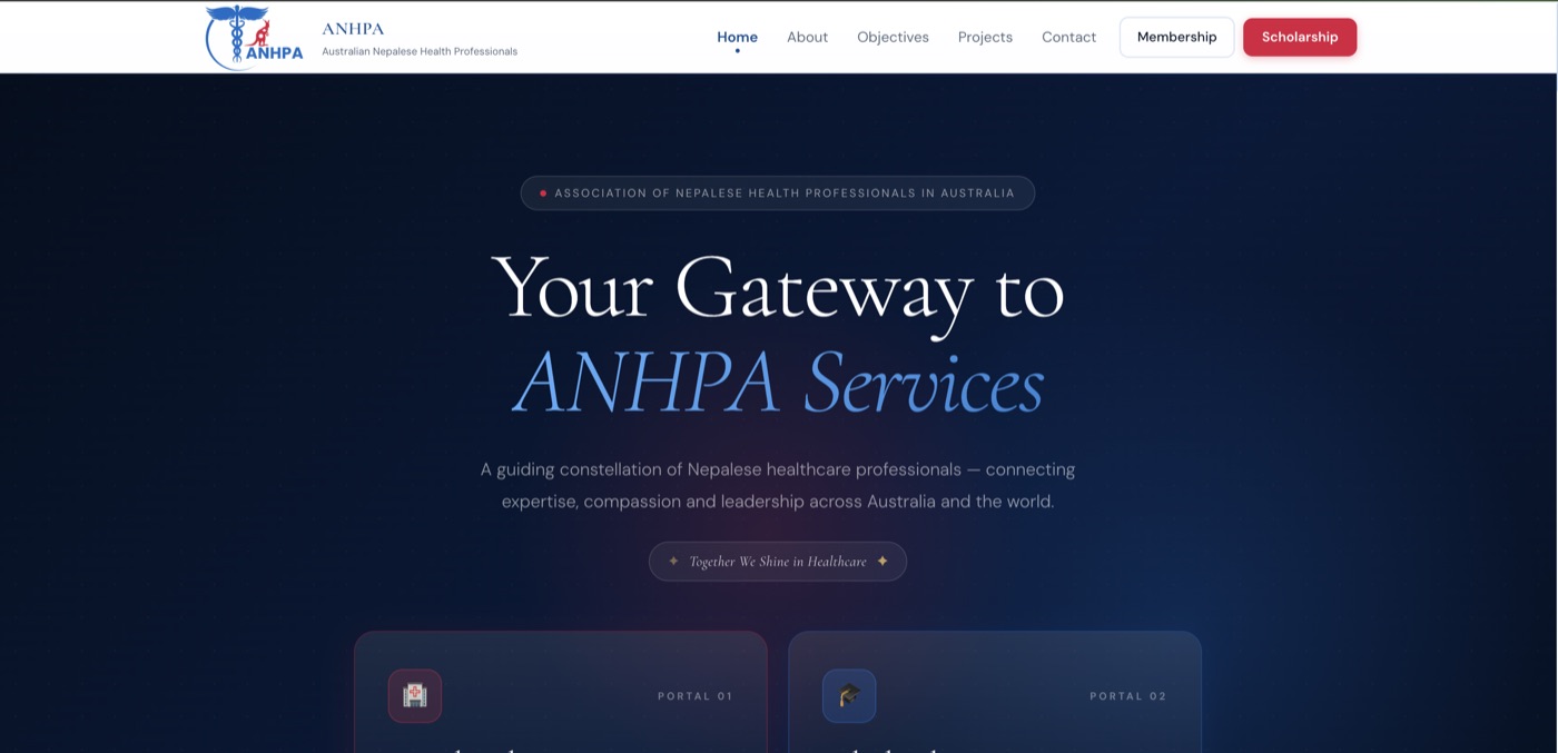 ANHPA homepage — Your Gateway to ANHPA Services, with membership and scholarship portals for Australian Nepalese health professionals.