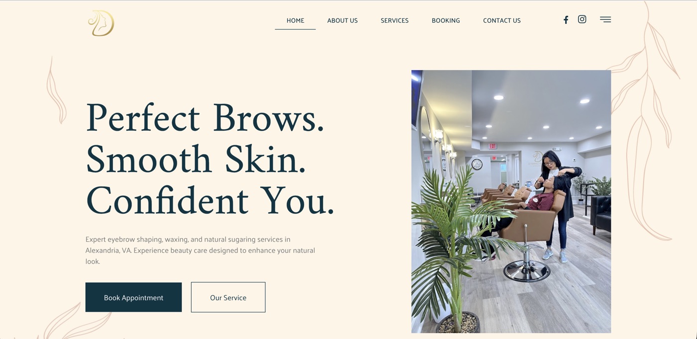 D'Perfect Brows homepage — Perfect Brows. Smooth Skin. Confident You. — with booking and services calls to action.