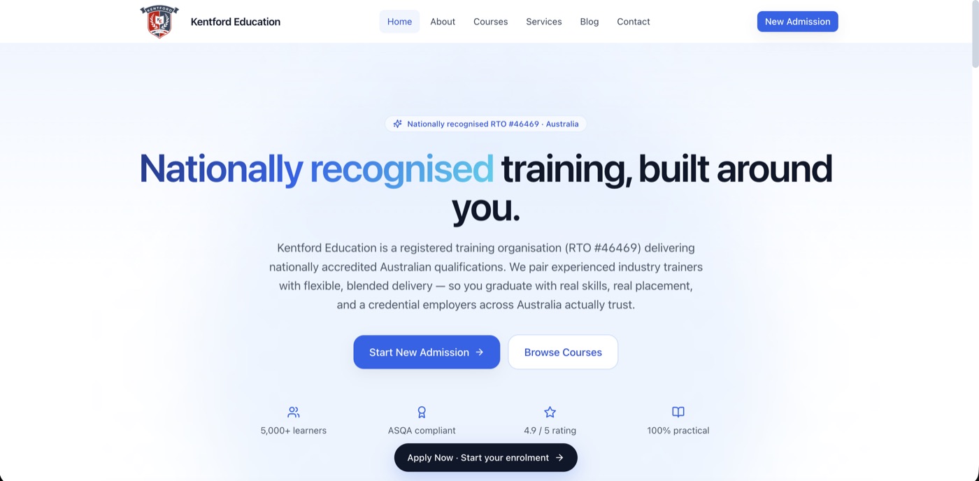 Kentford Education homepage — nationally recognised training provider RTO #46469 with admissions and course browsing calls to action.